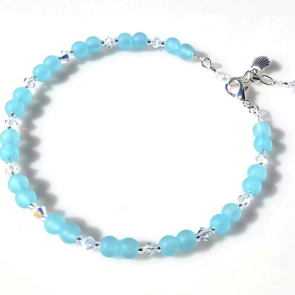 Seafoam Green Anklet/ Beachy Frosted Turquoise and Silver Anklet for Women - Picture 3 of 4